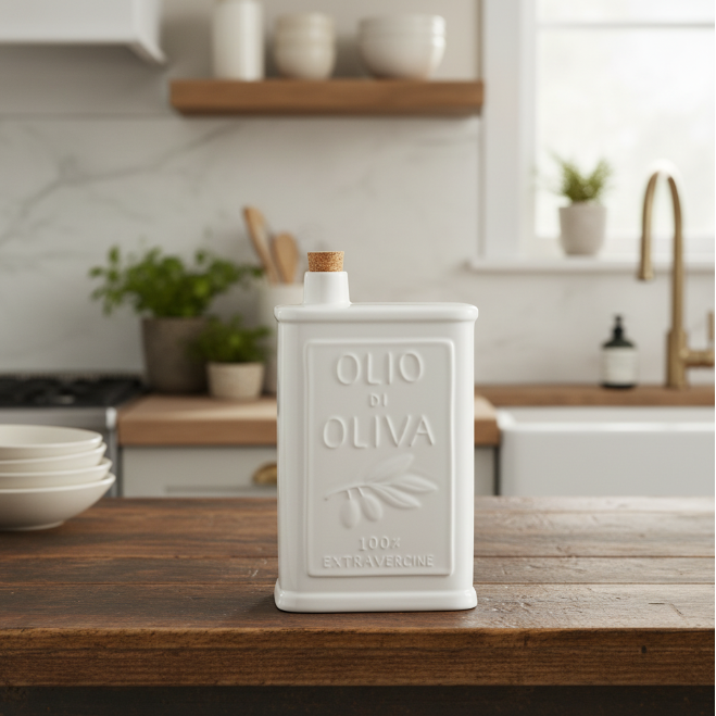 A white ceramic bottle of olive oil with a cork stopper, embossed with 'OLIO DI OLIVA' and '100% EXTRAVEGGINE' on a plain white background.
