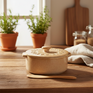 A beige ceramic Dutch oven with a matching lid, embossed with the brand name 'Duisberg', shown with a wooden spoon on a white background.