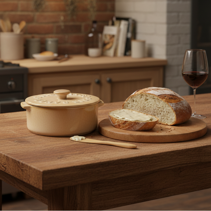 A beige ceramic Dutch oven with a matching lid, embossed with the brand name 'Duisberg', shown with a wooden spoon on a white background.