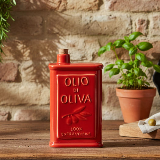 A red ceramic olive oil dispenser bottle with a cork stopper, featuring embossed text that reads 'OLIO DI OLIVA' and '100% EXTRAVERGINE' on a plain white background.
