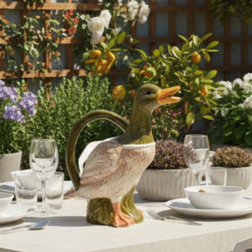 A ceramic duck-shaped pitcher with a green head and handle, a cream-colored body with pinkish feather detailing, and an orange beak, shown against a plain light background.