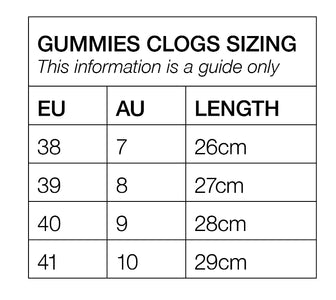 Sizing chart for Gummies clogs with EU, AU, and length measurements.