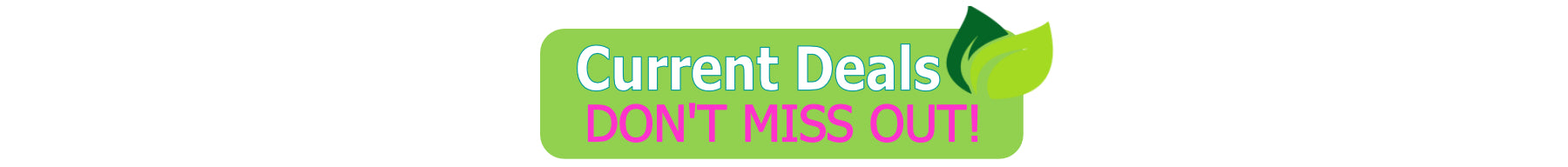 Promotional text 'Current Deals DON'T MISS OUT!' with a green background and leaf icon.