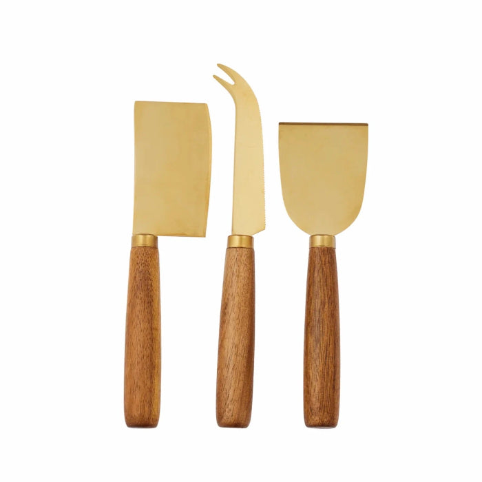 Three cheese and carving tools with gold-toned metal heads and brown wooden handles, arranged vertically on a plain white background.