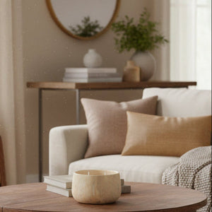 A two-wick candle in a round, organic-shaped vessel made of a light beige stone or marble with subtle natural veining, set against a plain white background.