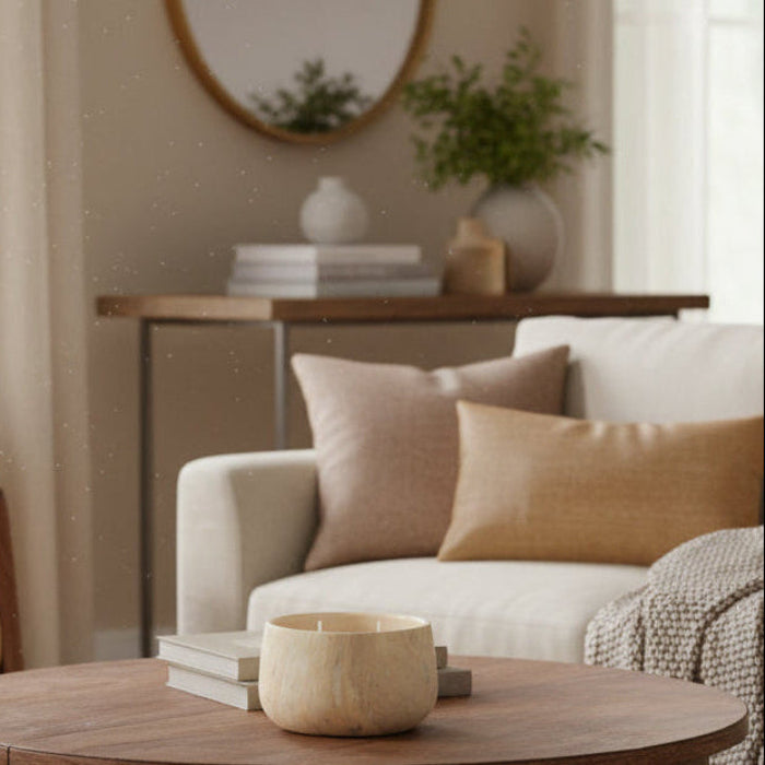A two-wick candle in a round, organic-shaped vessel made of a light beige stone or marble with subtle natural veining, set against a plain white background.