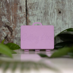 Purple suitcase-shaped product with 'Gifting Box' text on a wooden surface with greenery