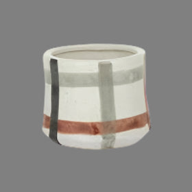 A ceramic pot with a plaid design consisting of beige, gray, black, and brown lines.