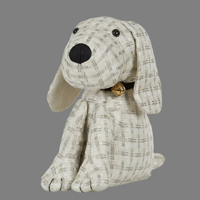 Stuffed dog toy with a textured pattern on a white background