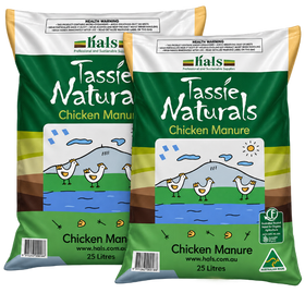 Two large bags of Kals Tassie Naturals Chicken Manure, 25 Litres each, displayed side-by-side against a plain white background.