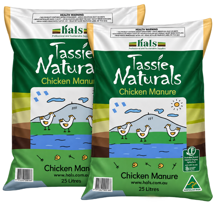 Two large bags of Kals Tassie Naturals Chicken Manure, 25 Litres each, displayed side-by-side against a plain white background.