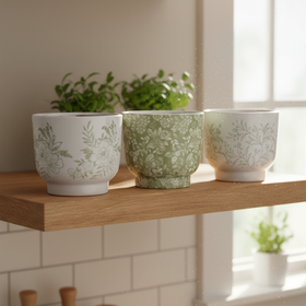 Three decorative pots with floral patterns on a white background