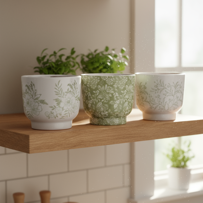 Three decorative pots with floral patterns on a white background