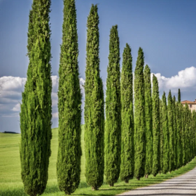 Row of tall green trees lining a road with a blue sky and clouds in the background