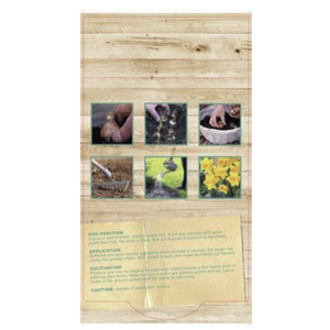 Wooden panel with gardening-themed images and text on a white background