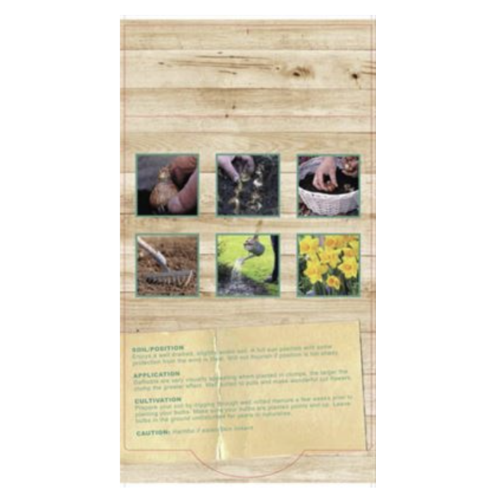 Wooden panel with gardening-themed images and text on a white background