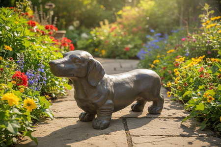 Bronze statue of a dachshund on a white background