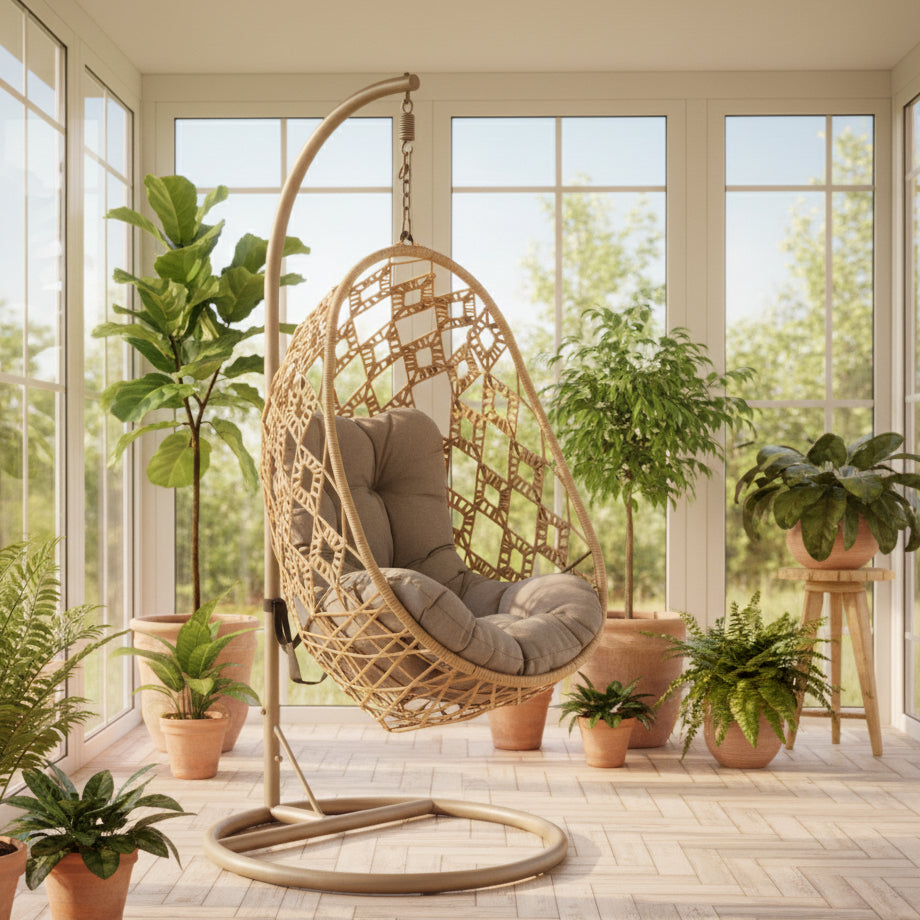 Hanging chair with a cushion on a stand outdoors near a building.