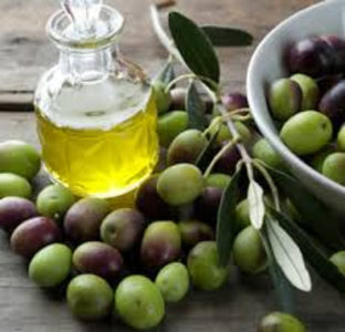 olives in a white boil and bottle of oil