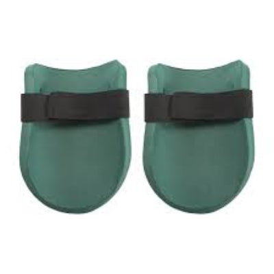 Pair of green protective pads with black straps on a white background