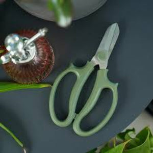 Green scissors on a dark surface with green leaves