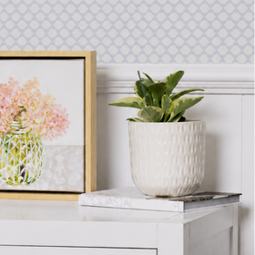 Framed artwork and potted plant on a white dresser with geometric wallpaper.