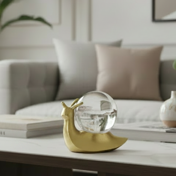 A decorative snail figurine with a polished gold body and a clear glass shell on a plain white background.