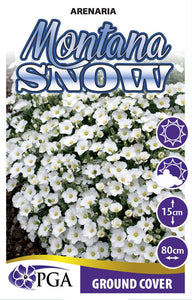 Montana Snow Arenaria plant packaging with white flowers and PGA logo.