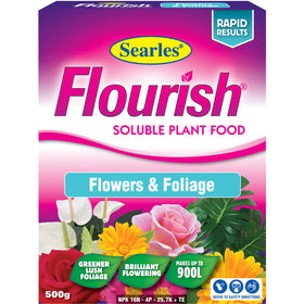 Searles Flourish soluble plant food packaging for flowers and foliage on a white background