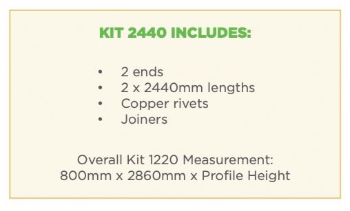 Two product kits with their included components and measurements.