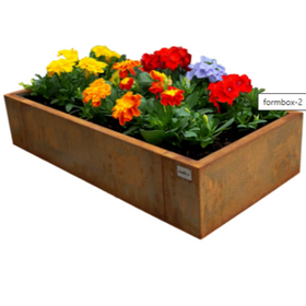 Rectangular metal planter with colorful flowers on a white background