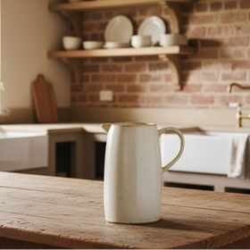 ceramic jug on a wooden table in a rustic kitchen
