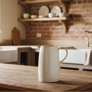 ceramic jug on a wooden table in a rustic kitchen