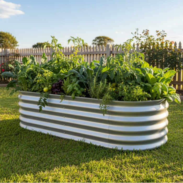 Metallic ribbed planter on a white background