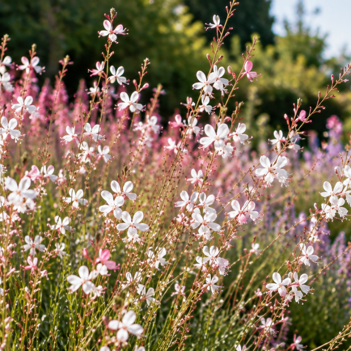 A garden path lined with dense flowering plants featuring white blossoms with pink centers and pink-purple flowers, with a blurred background showing trees and a pergola.