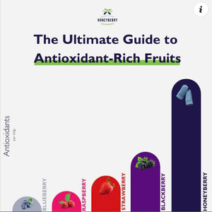 Cover of 'The Ultimate Guide to Antioxidant-Rich Fruits' by Honeyberry, featuring a bar graph with fruit icons.