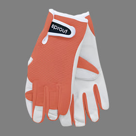 Orange and white gloves with a visible brand logo on a white background