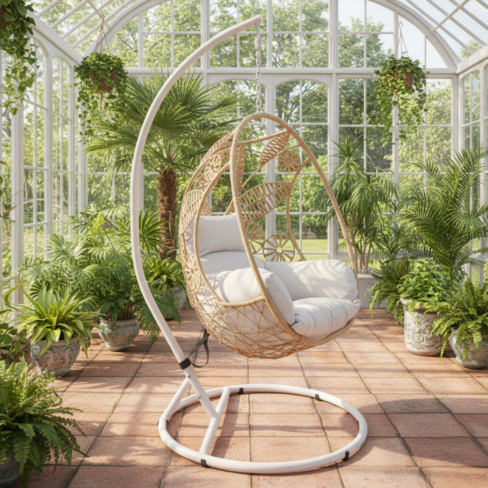 Woven egg-shaped hanging chair with white cushion on a stand outdoors.