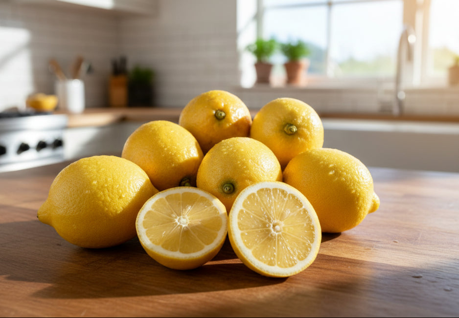 Group of lemons with one cut in half on a brown background