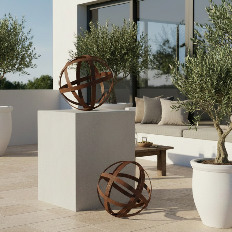 A spherical metal sculpture made of interlaced rusted brown bands, photographed on a clean white background.