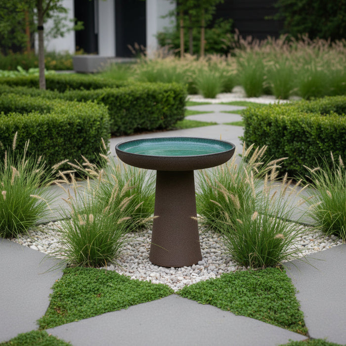 A rustic pedestal bird bath with a textured brown footed base and a shallow, wide round tray featuring a glossy green glazed interior, shown against a plain white background.