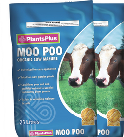 PlantsPlus Moo Poo organic cow manure package with cow faces on a blue background