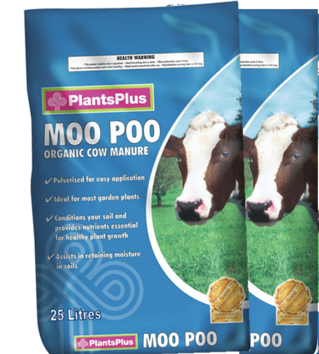 PlantsPlus Moo Poo organic cow manure package with cow faces on a blue background