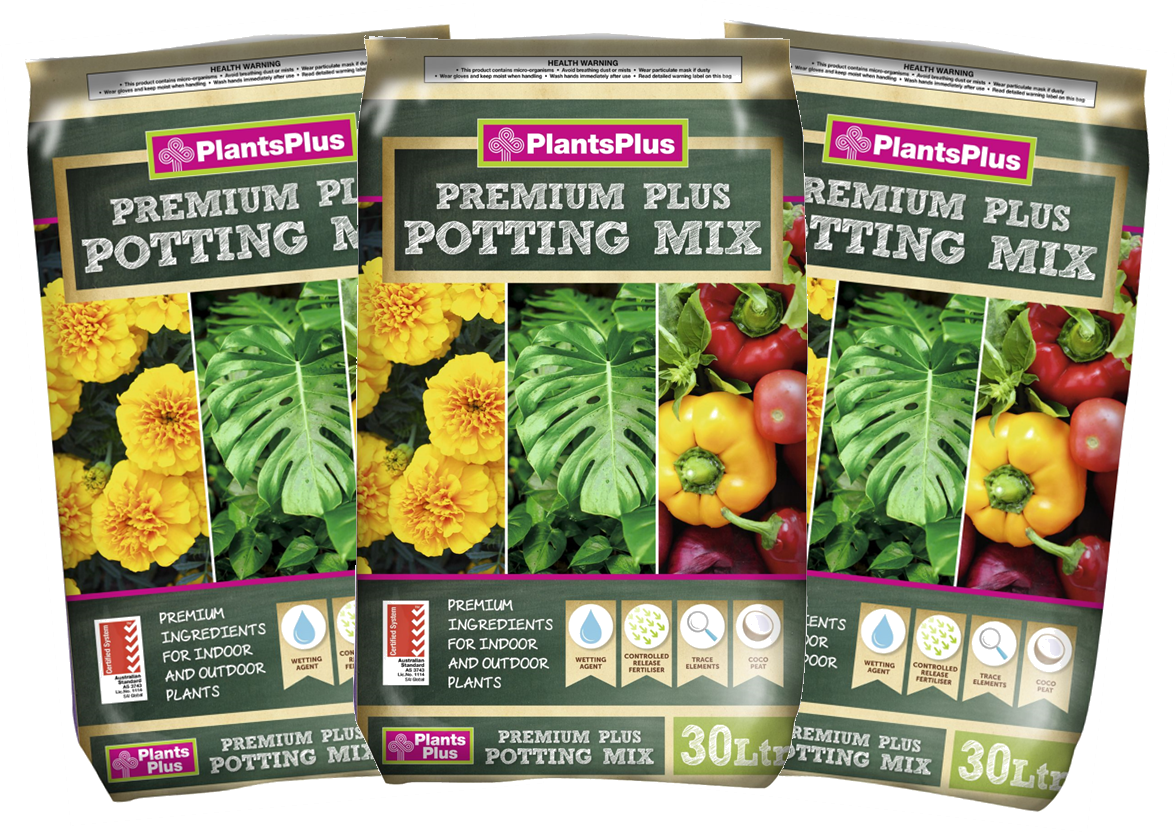 POTTING MIX - PLANTS PLUS PREMIUM MULTI VALUE PACK 3 FOR $39