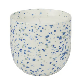 Speckled ceramic pot with blue and gray specks on a white background
