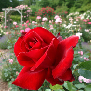 Close-up of a vibrant red rose with a blurred green background