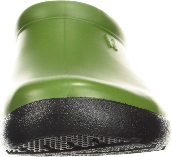Green rubber shoe with black sole on a white background