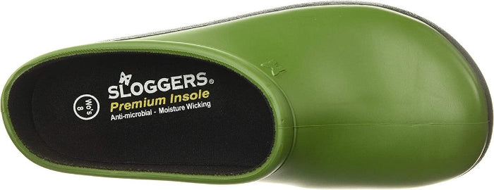 Green clog shoe with Sloggers logo on the insole