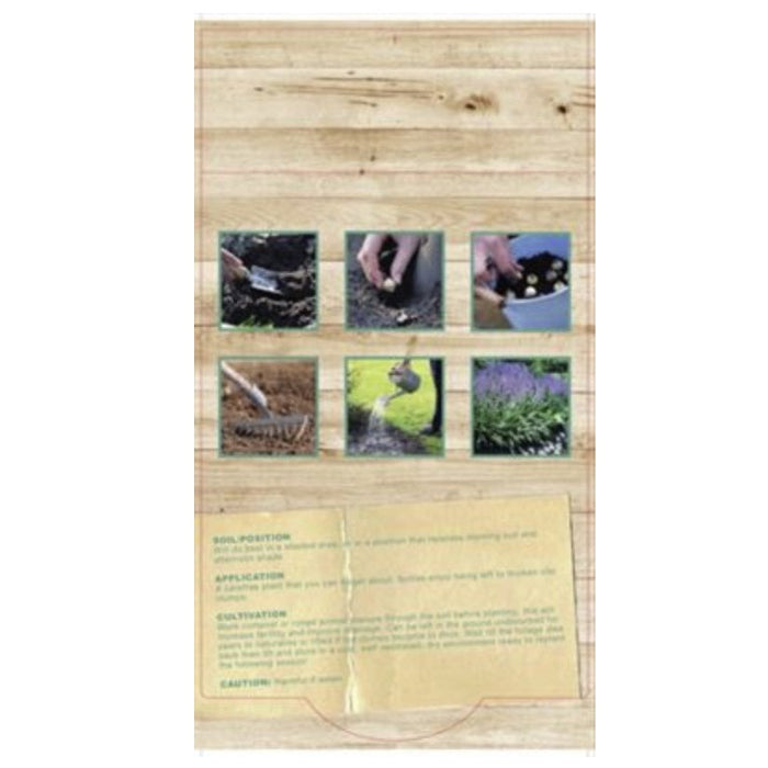 Wooden panel with gardening illustrations and text on a white background