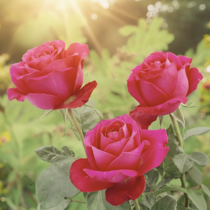 Three vibrant pink roses with green leaves on a blurred green background
